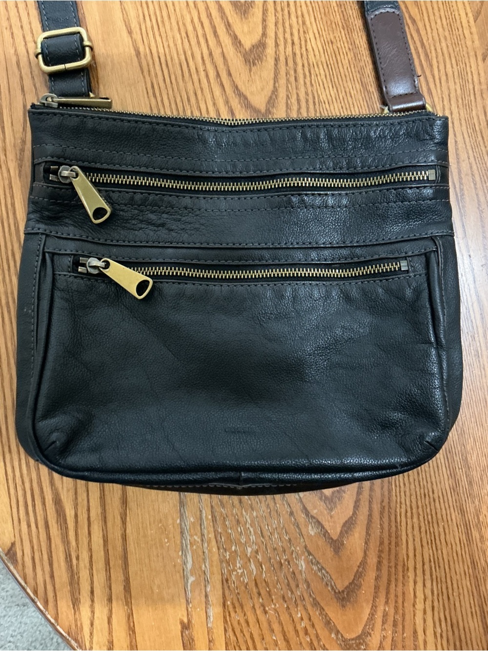 Fossil Black Leather Crossbody with Brass Zippers